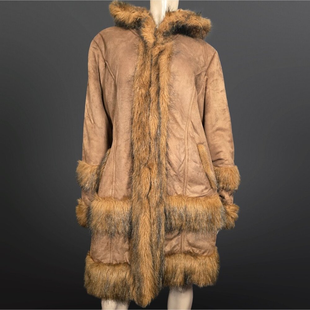 Vintage 60s 70s Penny Lane Coat Size M Boho Brown Faux Suede Faux Fur Mid Length